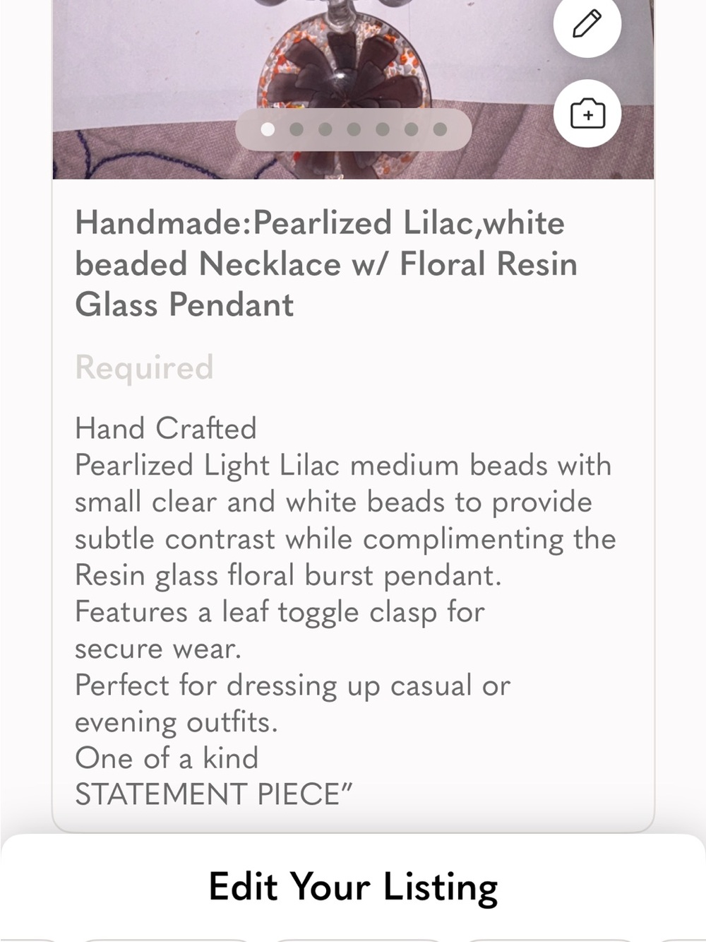 Handmade Pearlized Lilac Beaded Necklace with Floral Resin Glass Pendant - Picture 7 of 7